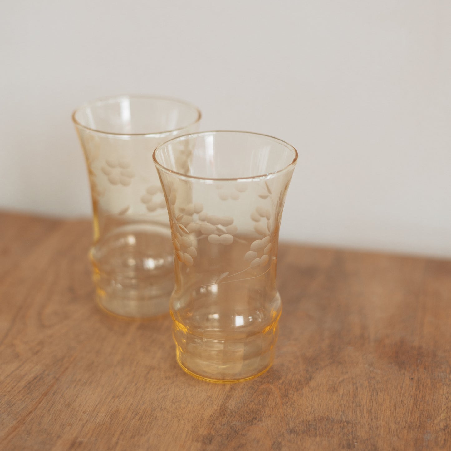 Yellow Floral Stem Etched Water Glasses, Pair