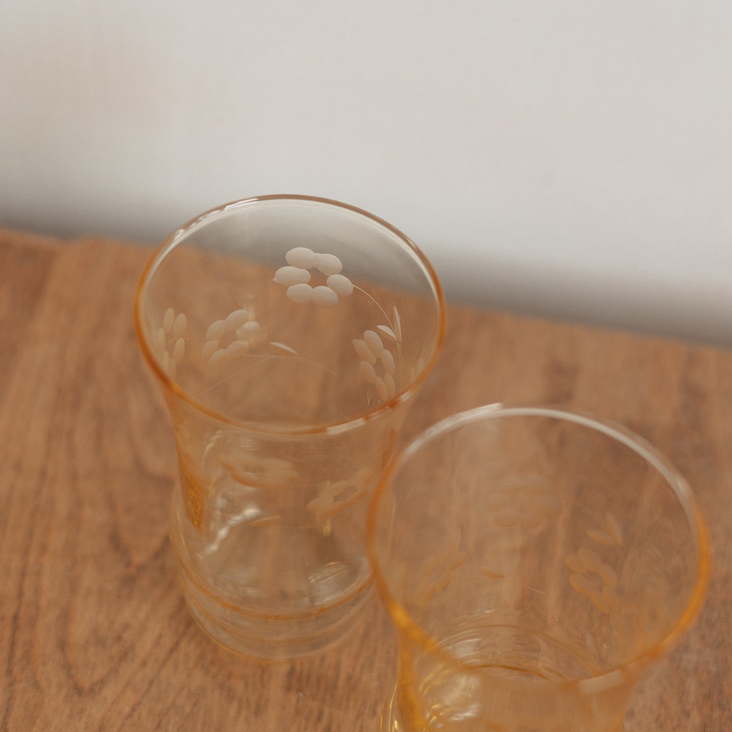 Yellow Floral Stem Etched Water Glasses, Pair