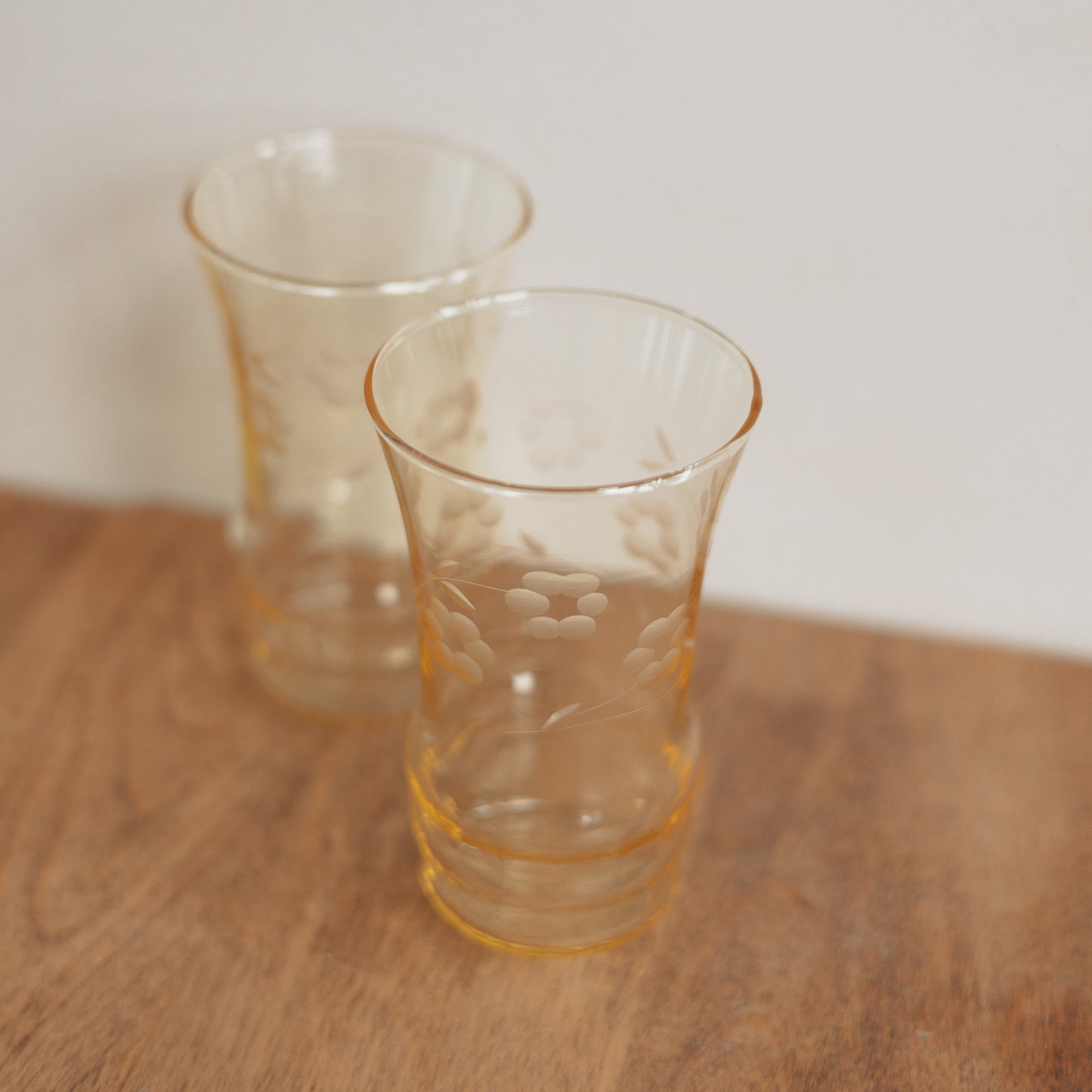 Yellow Floral Stem Etched Water Glasses, Pair