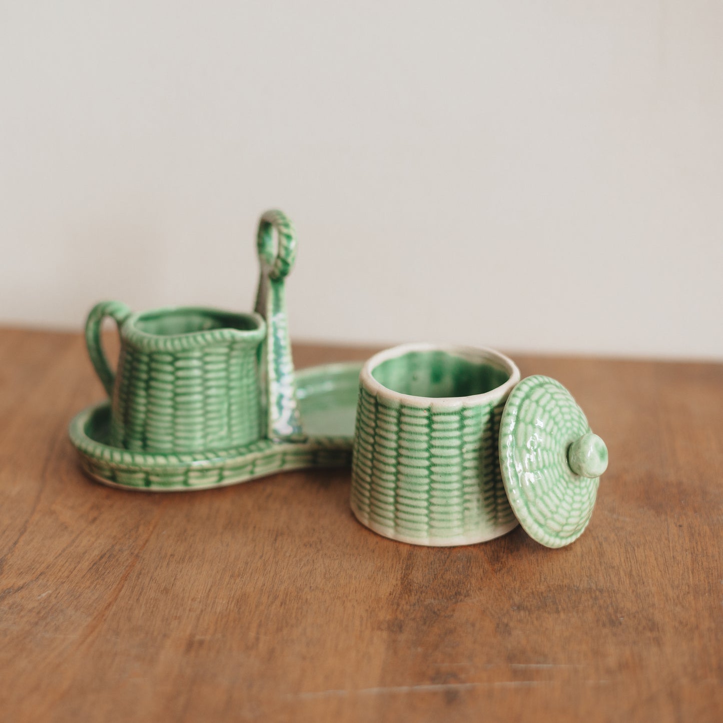 Basket weave Green Glazed Sugar and Creamer Set