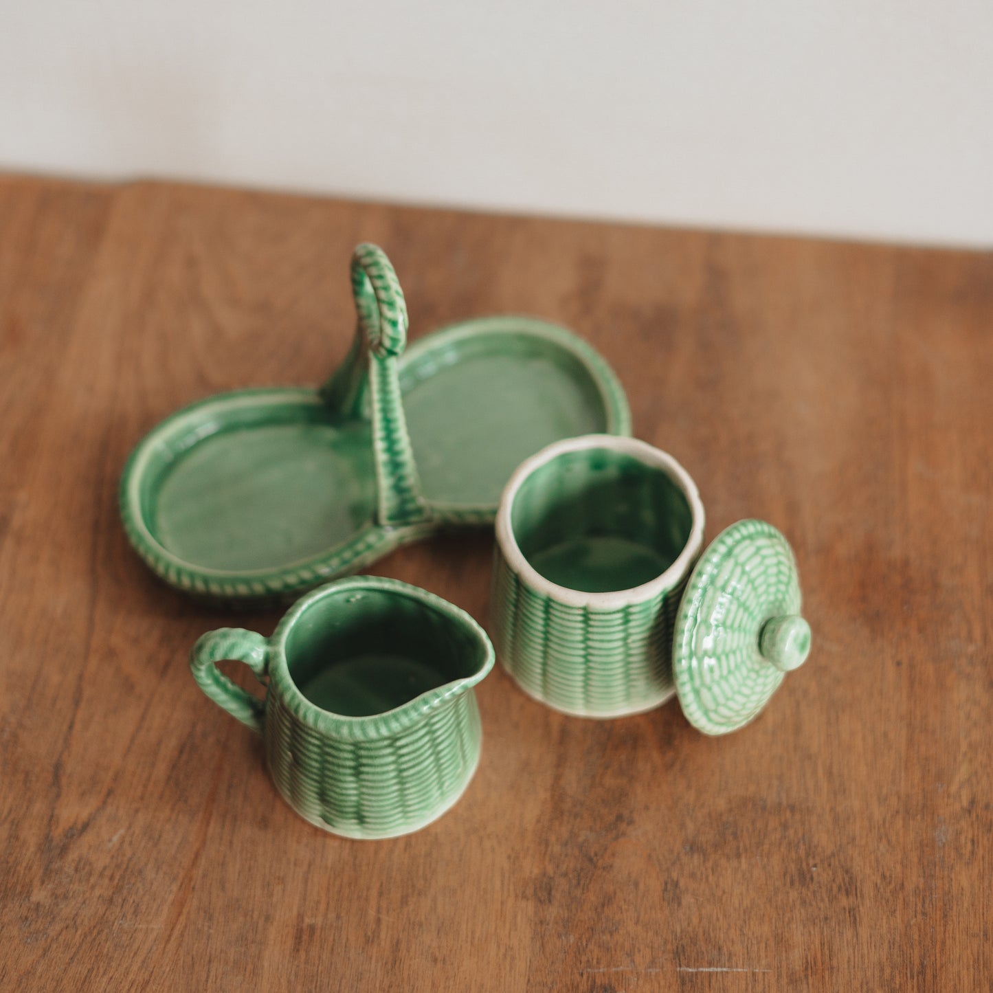 Basket weave Green Glazed Sugar and Creamer Set