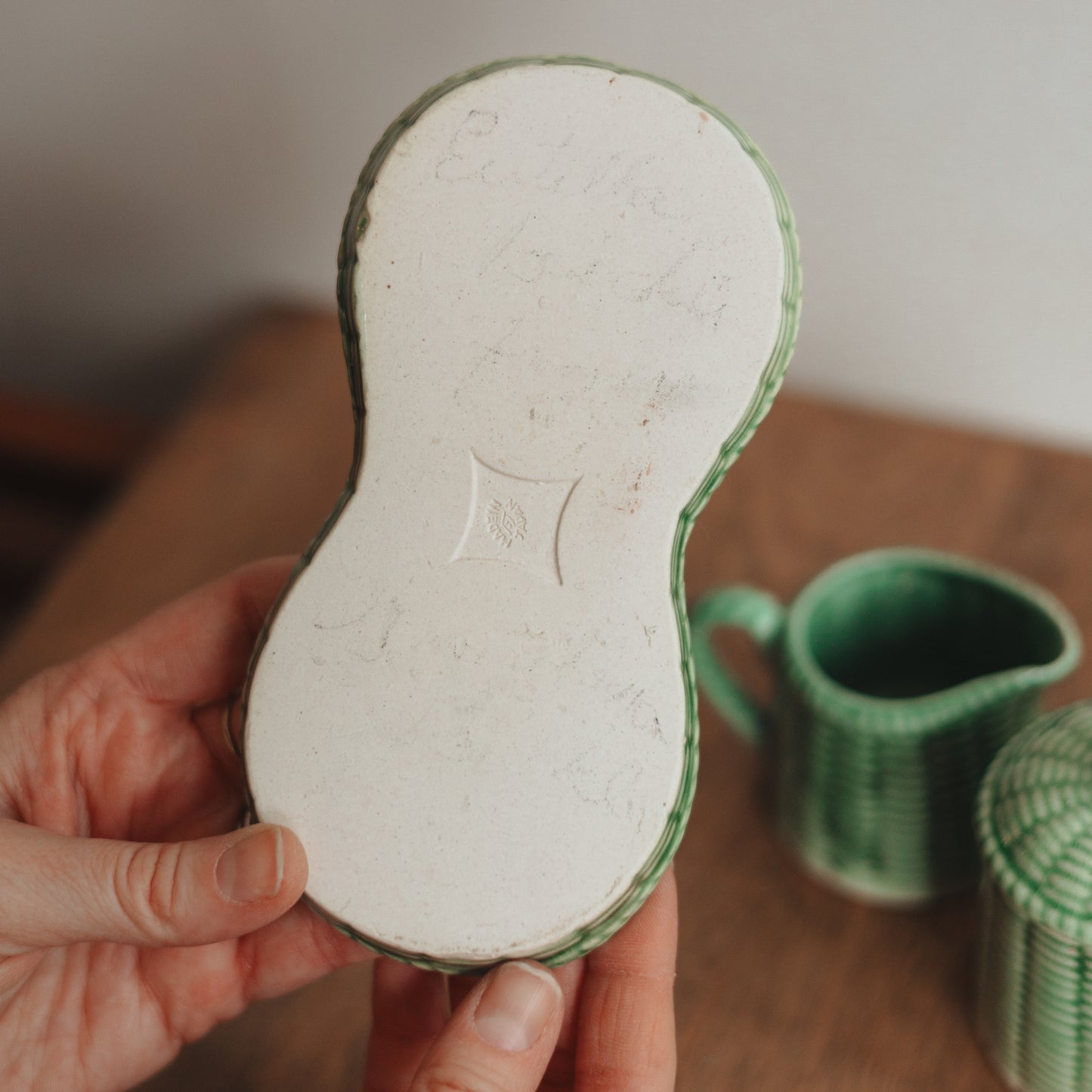 Basket weave Green Glazed Sugar and Creamer Set