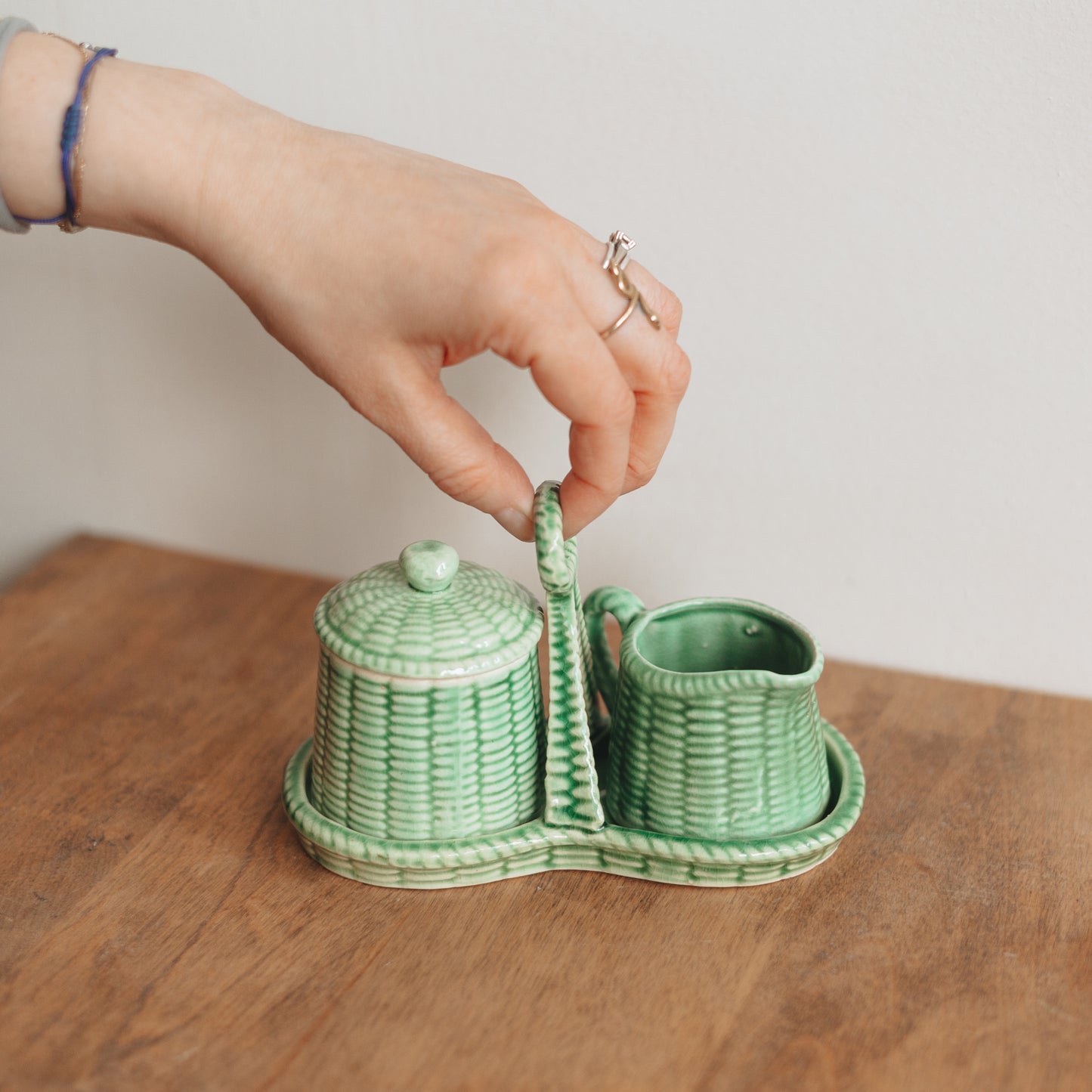 Basket weave Green Glazed Sugar and Creamer Set