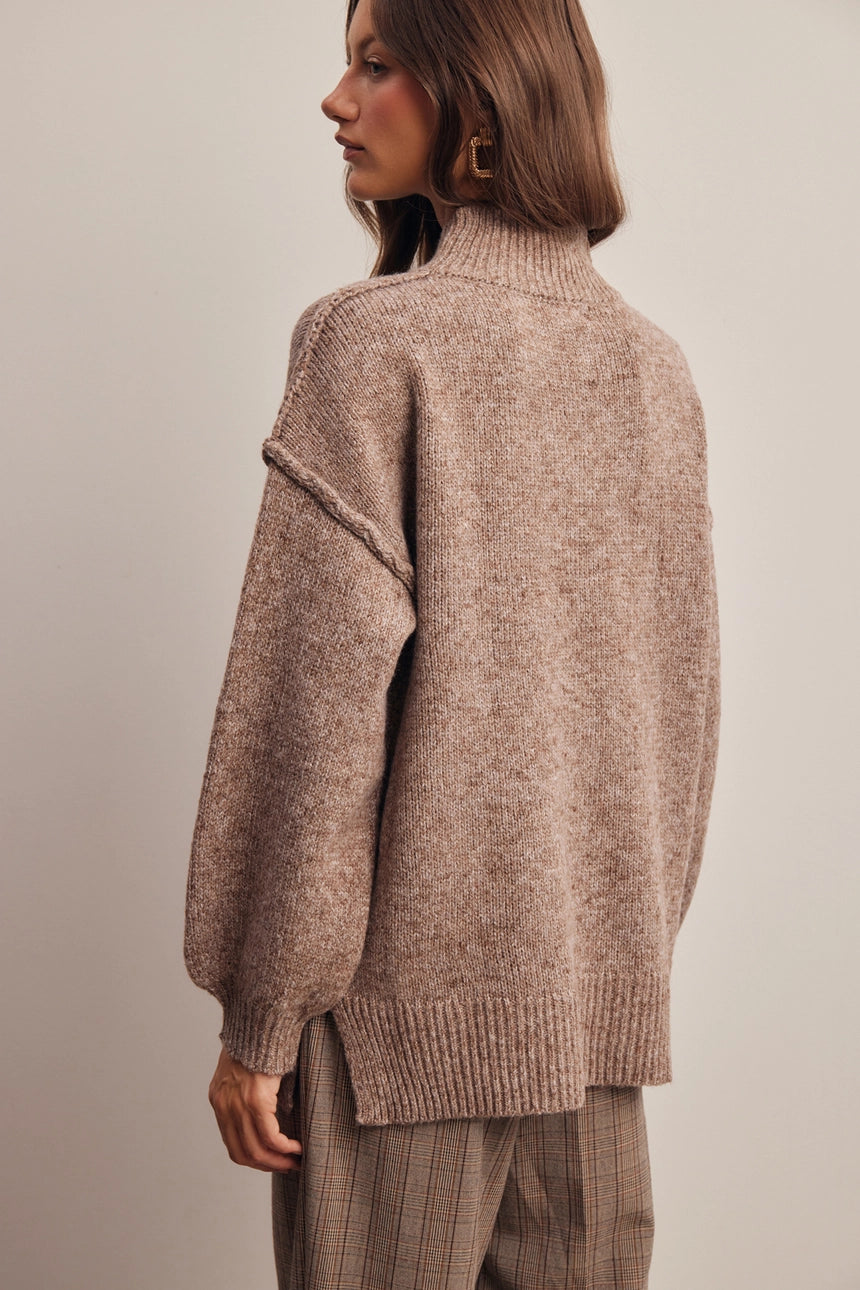 Mock Neck Oversized Knit Sweater. Mocha