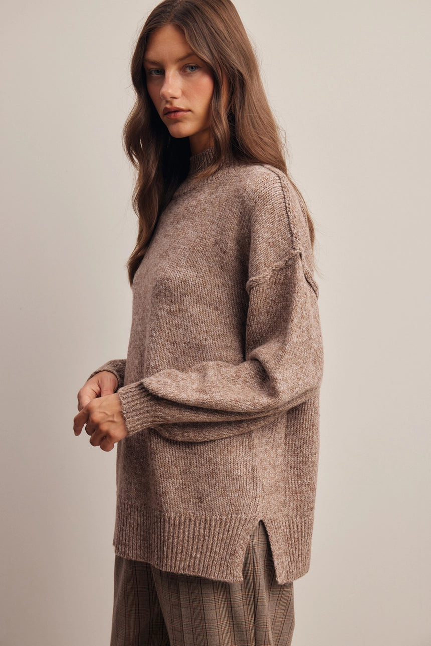 Mock Neck Oversized Knit Sweater. Mocha