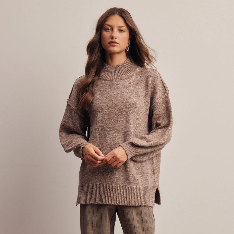 Mock Neck Oversized Knit Sweater. Mocha