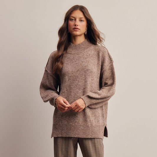 Mock Neck Oversized Knit Sweater. Mocha