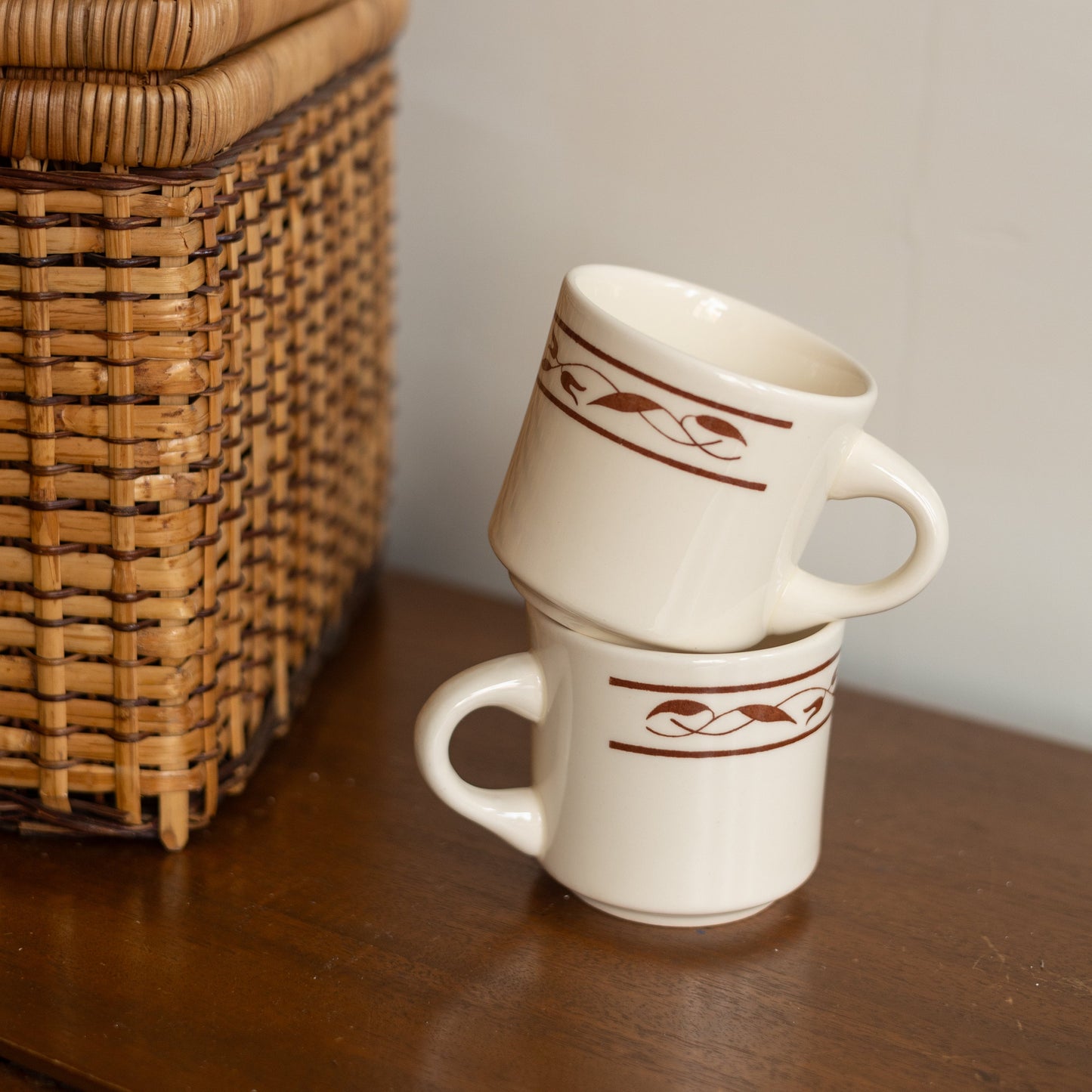 Pair of Cream Coffee Mugs with Patterned Rim