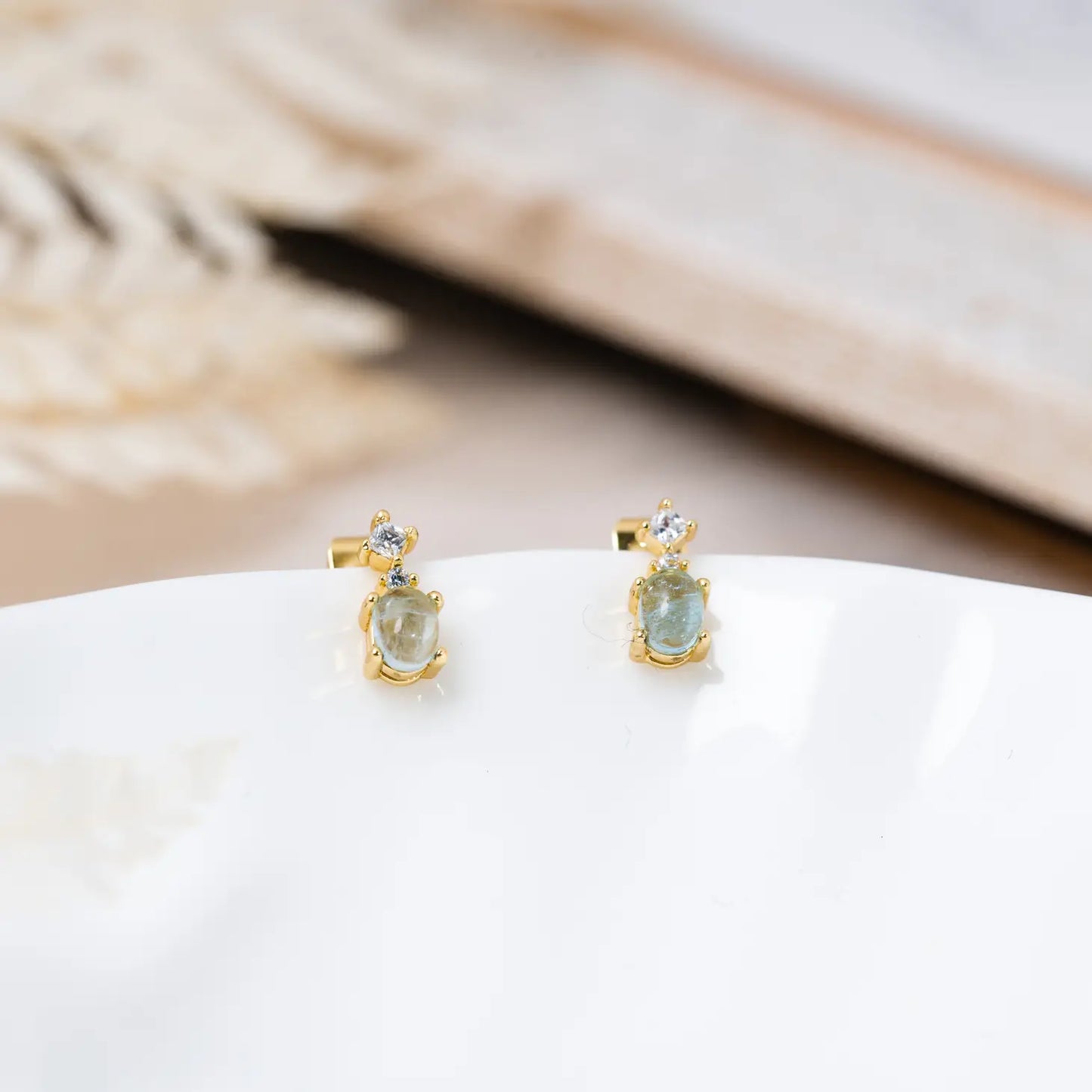 Naomi Earrings  in Aquamarine with CZ Details, Gold Plate and Stainless Steel