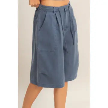 Drawstring Waist Wide Leg Jorts, Blue