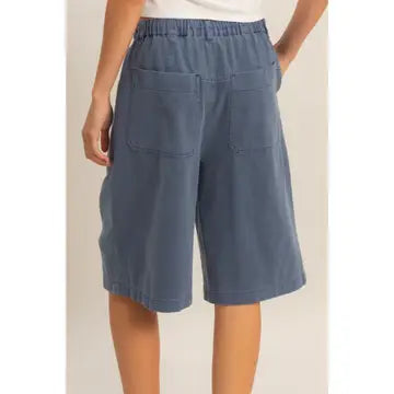 Drawstring Waist Wide Leg Jorts, Blue