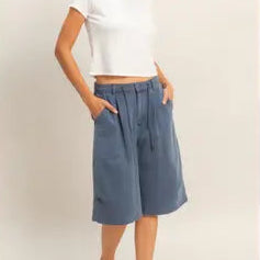 Drawstring Waist Wide Leg Jorts, Blue