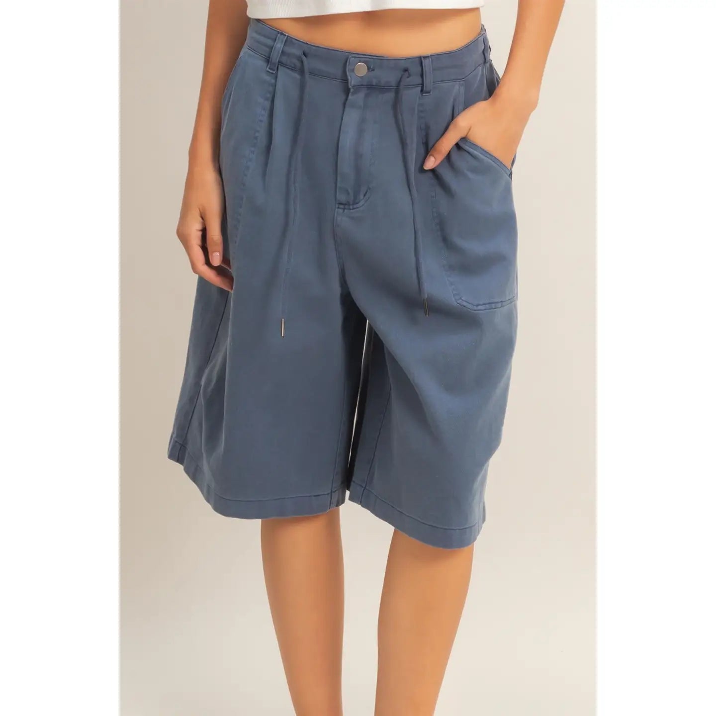 Drawstring Waist Wide Leg Jorts, Blue