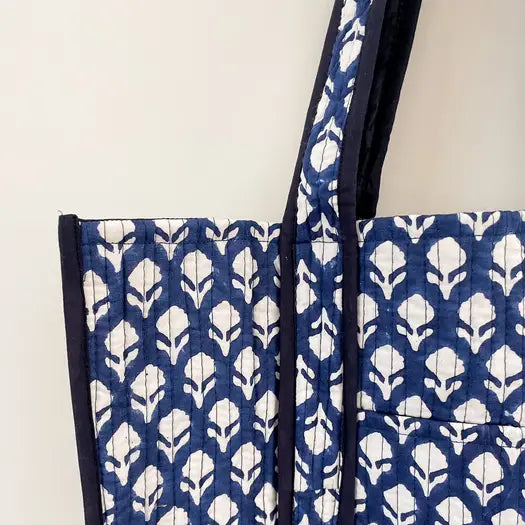 Gypsy Studio | Quilted Cotton Block Printed Tote Bag, Navy and White