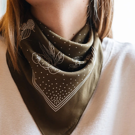 Flora West Design | 100% Silk Bandana-Deep Olive Floral