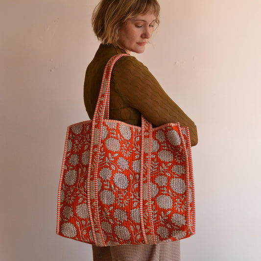 Gypsy Studio | Quilted Cotton Block Printed Tote Bag, Orange
