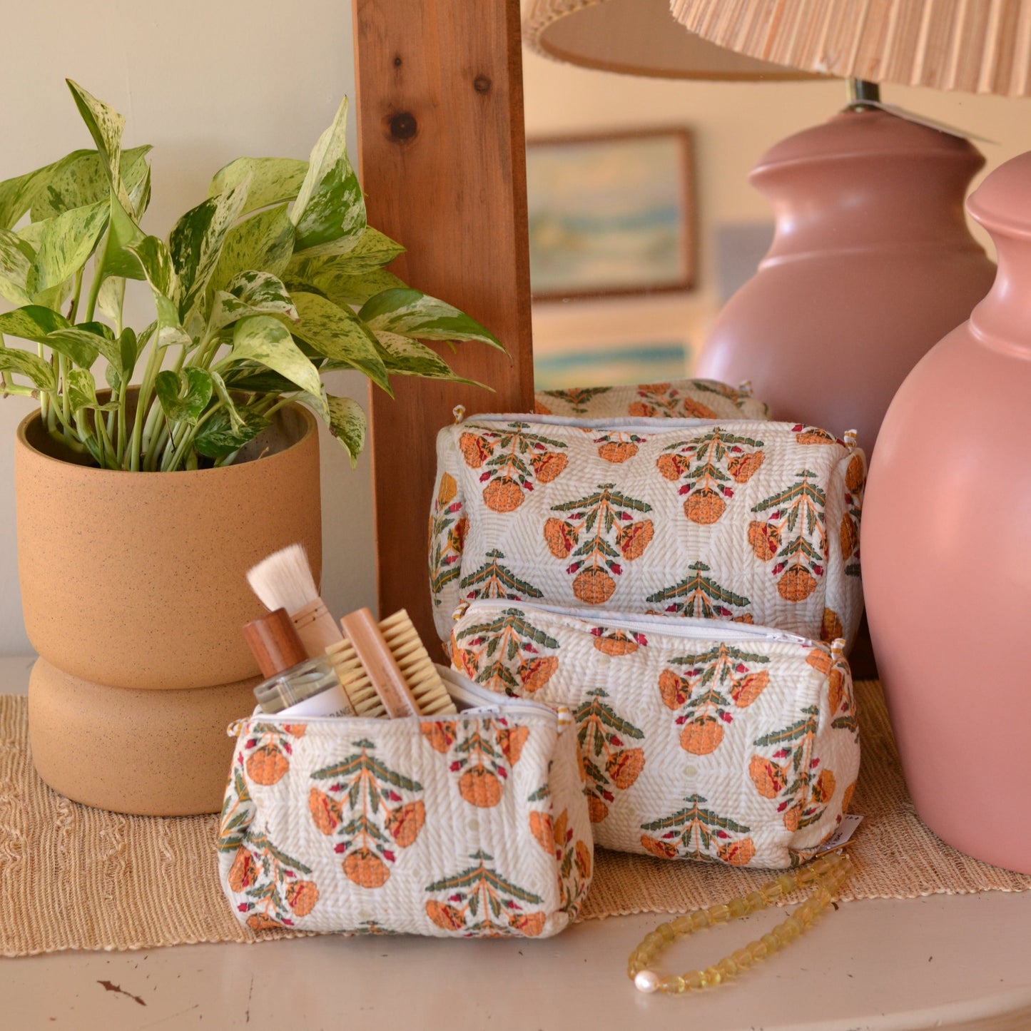 Gypsy Studio | Quilted Cotton Block Printed Cosmetic Bag, White with Peach Flowers