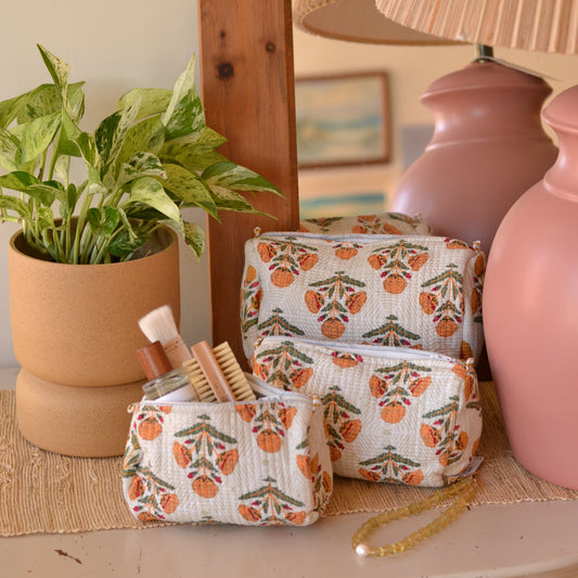 Gypsy Studio | Quilted Cotton Block Printed Cosmetic Bag, White with Peach Flowers