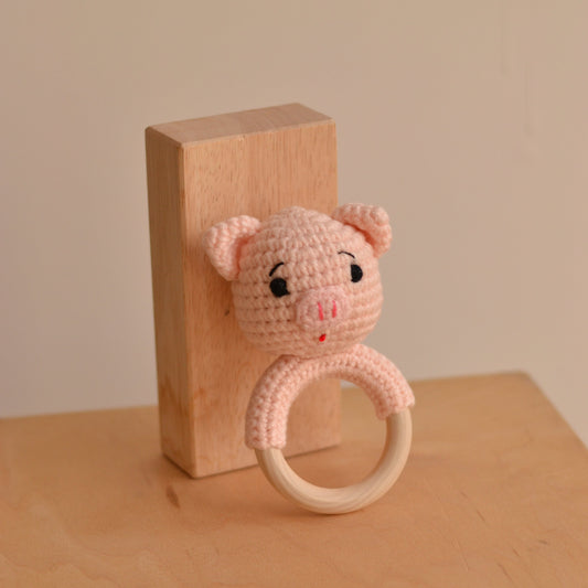 D & C Toys | Crochet Rattle Toy, Pink Pig