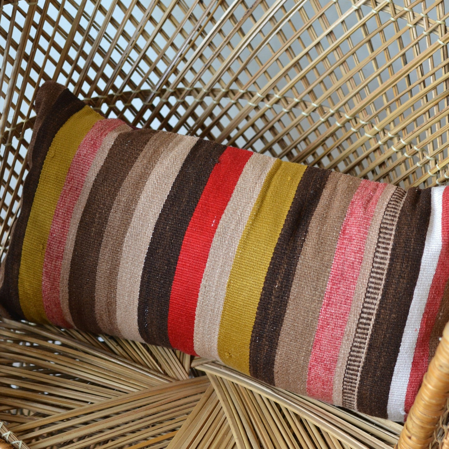 Kilim Pillow  | Vivid reds, ochre, pink, tan, brown striped, insert included