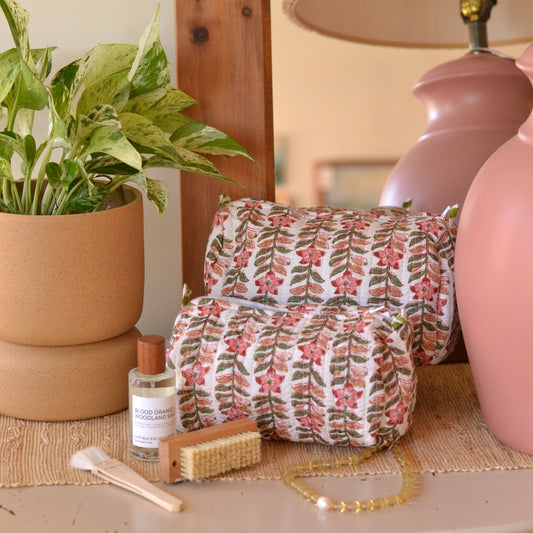 Gypsy Studio | Quilted Cotton Block Printed Cosmetic Bag, White with Pink Flowers