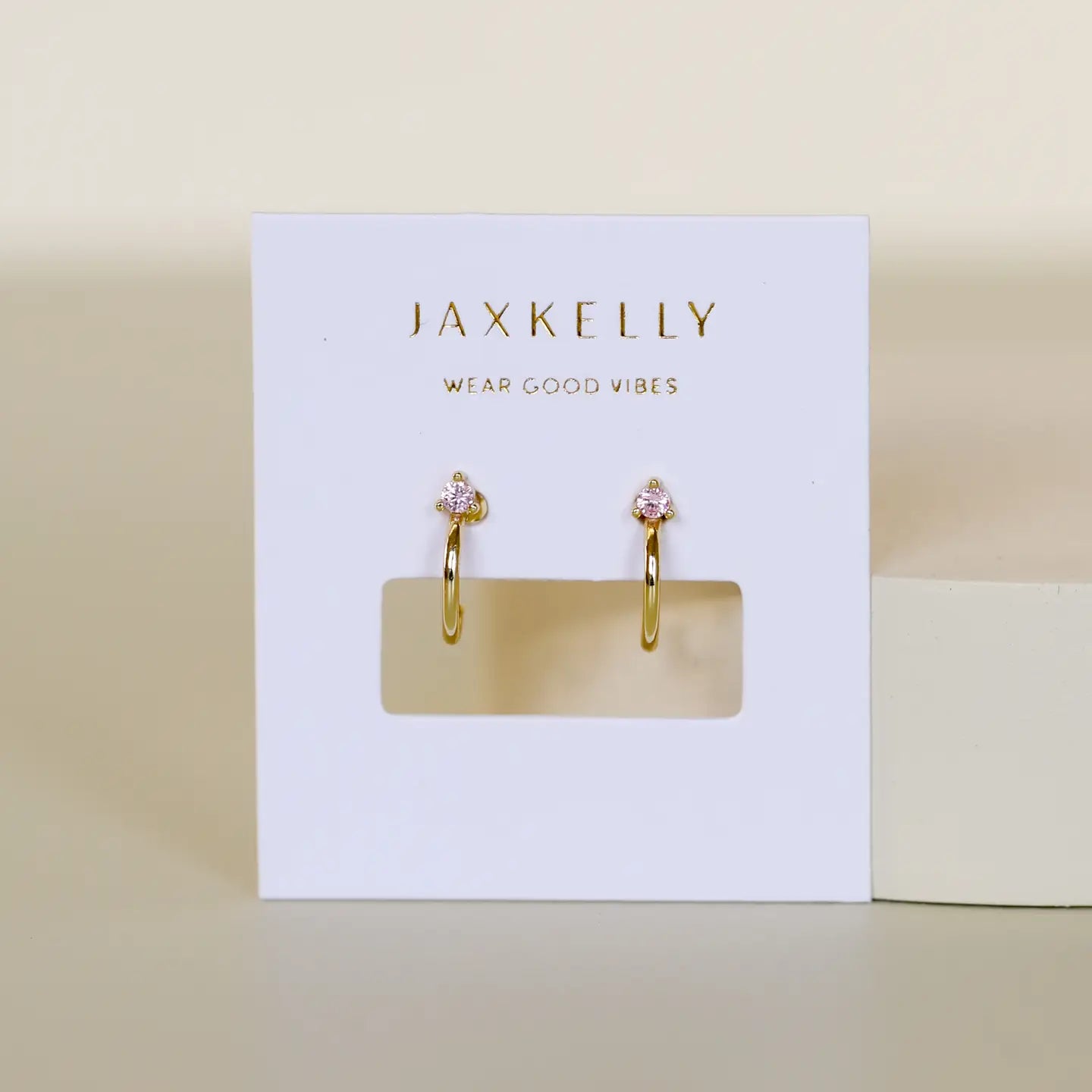 Jax Kelly |  Open Mini Hoop, Pink CZ, Gold Earrings