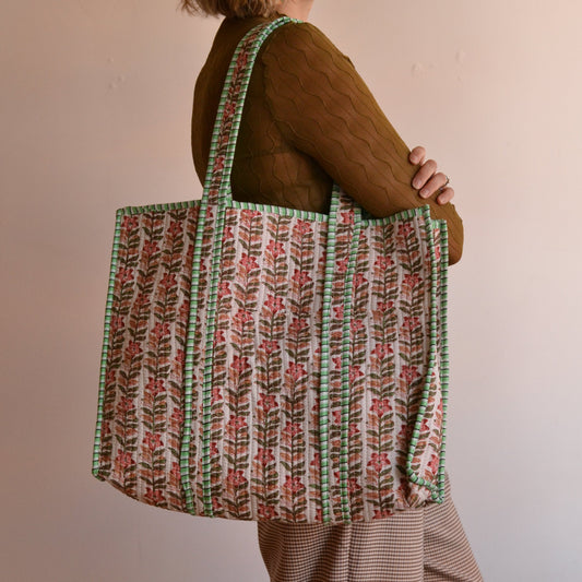 Gypsy Studio | Quilted Cotton Block Printed Tote Bag, Pink