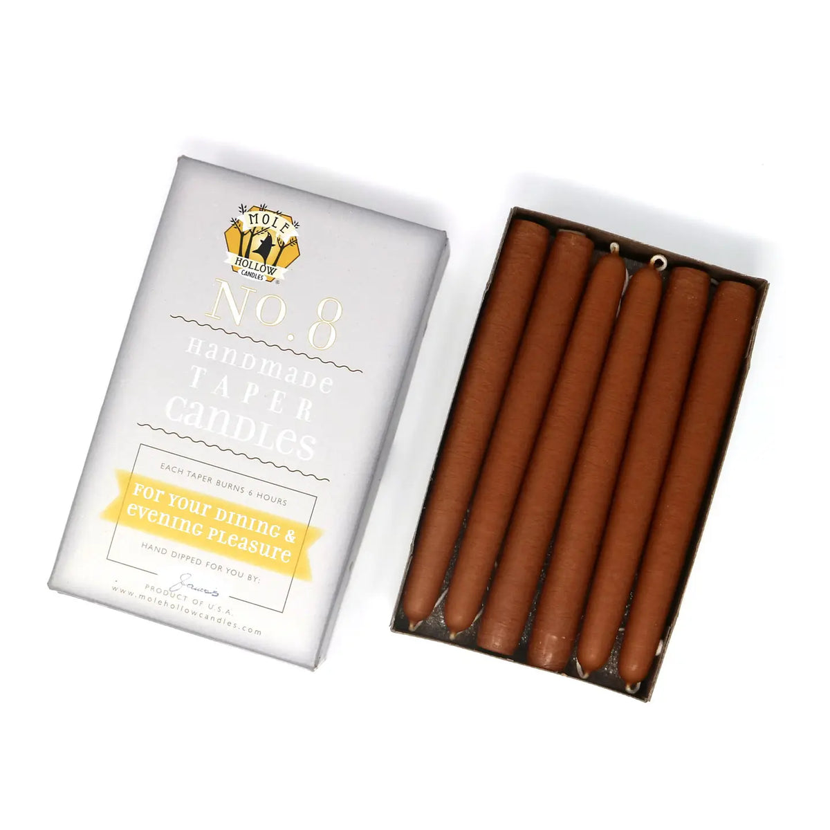 Mole Hollow | 8" Taper Candles, Various Colors, Sold in Pairs