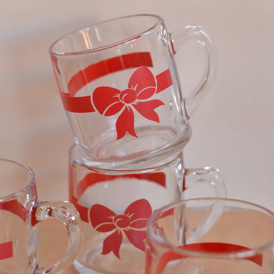 Red Ribbon Glass Mugs, Set of 4