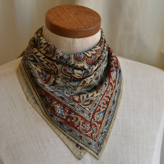 White Lotus Fashions |  Kalamkari Cotton Bandana-Deep Red with Blue and Brown Accents