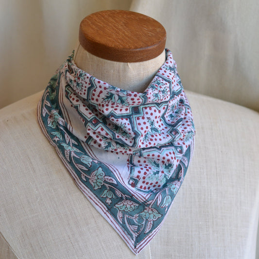 White Lotus Fashions |  Kalamkari Cotton Bandana-Teal Florals with Red Dots