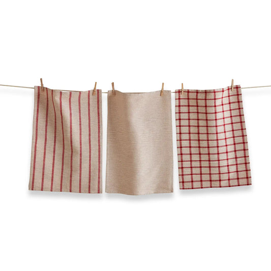 Cotton Towel | Red Stipe, Solid and Plaid Set