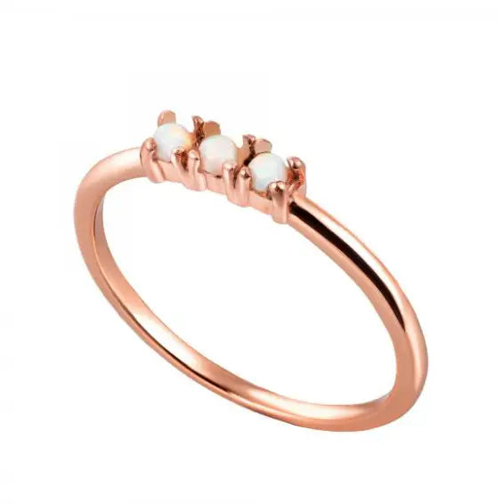 Dainty 3 Stone Ring with Light Blue Opal in Rose Gold, Plated