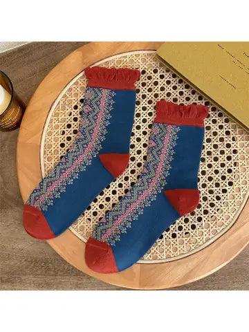 Dune Socks | Graphic Pattern Ruffled Crew Sock, Red