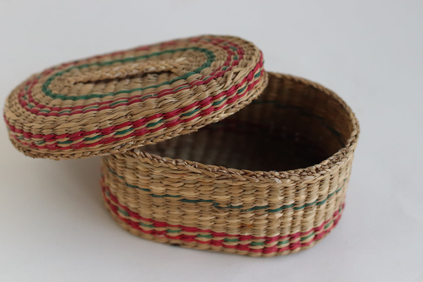 Oval Lidded Basket with Red and Green Detail