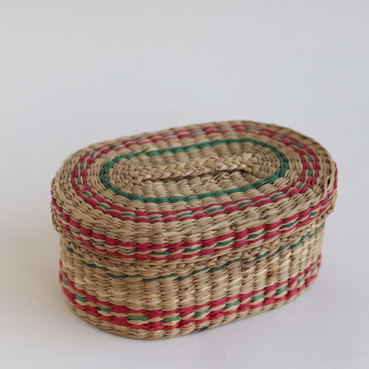 Oval Lidded Basket with Red and Green Detail