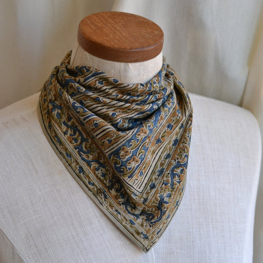 White Lotus Fashions |  Kalamkari Cotton Bandana-Floral Stripes in Blue, Gold and Beige