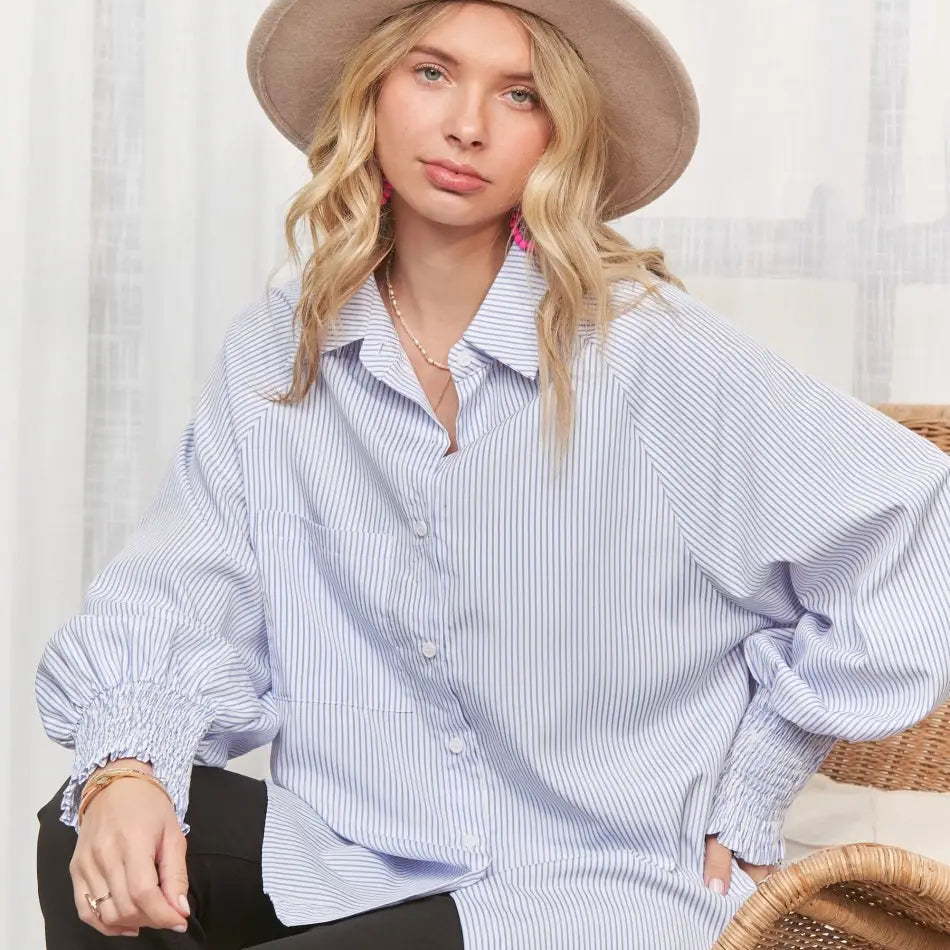 Smocked Cuff Striped Boyfriend Shirt, Chambray