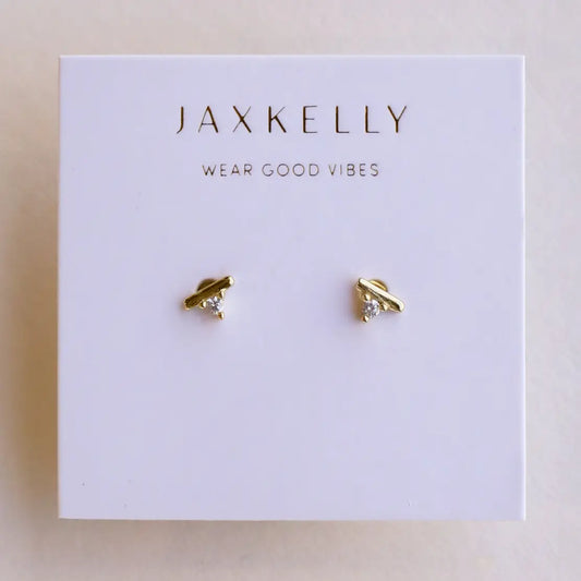 Jax Kelly | Stud Bar, White CZ, Gold Earrings