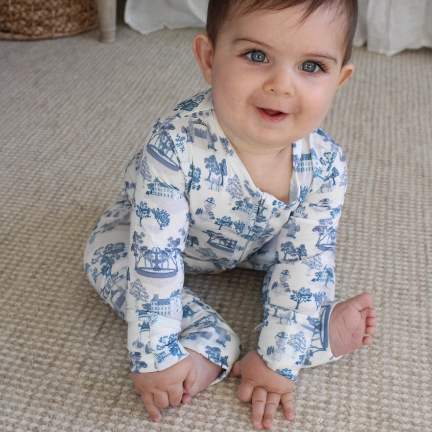 Little Threads | Blue Toile De Jouy Bamboo Footie