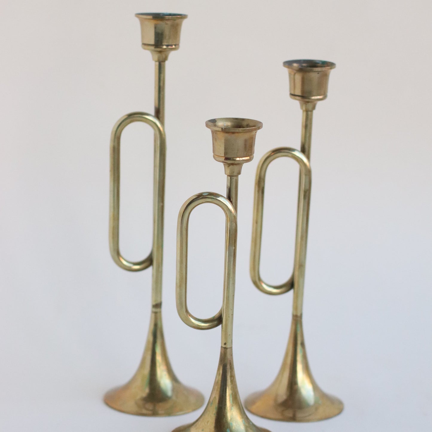 Trio of Brass Trumpets Candlesticks