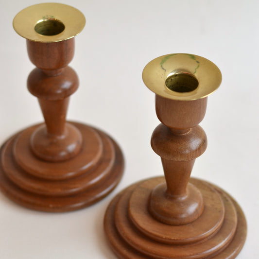 Walnut and Brass Candlestick Holders, Pair