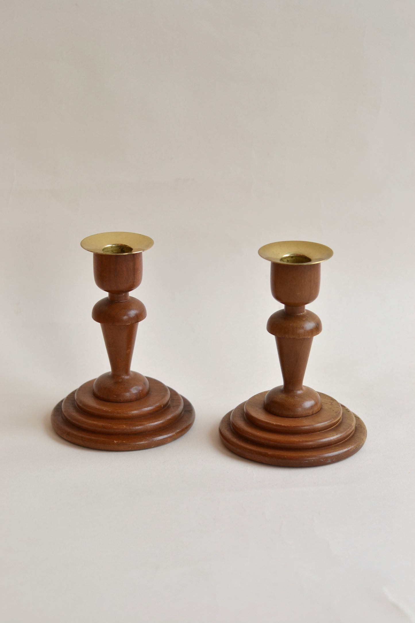 Walnut and Brass Candlestick Holders, Pair