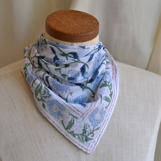 White Lotus Fashions |  Kalamkari Cotton Bandana-Blue and Navy Florals