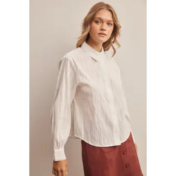 Lace Trim Embroidered Button Down Blouse
