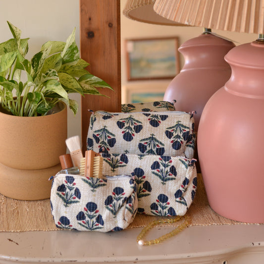 Gypsy Studio | Quilted Cotton Block Printed Cosmetic Bag, White with Blue Flowers