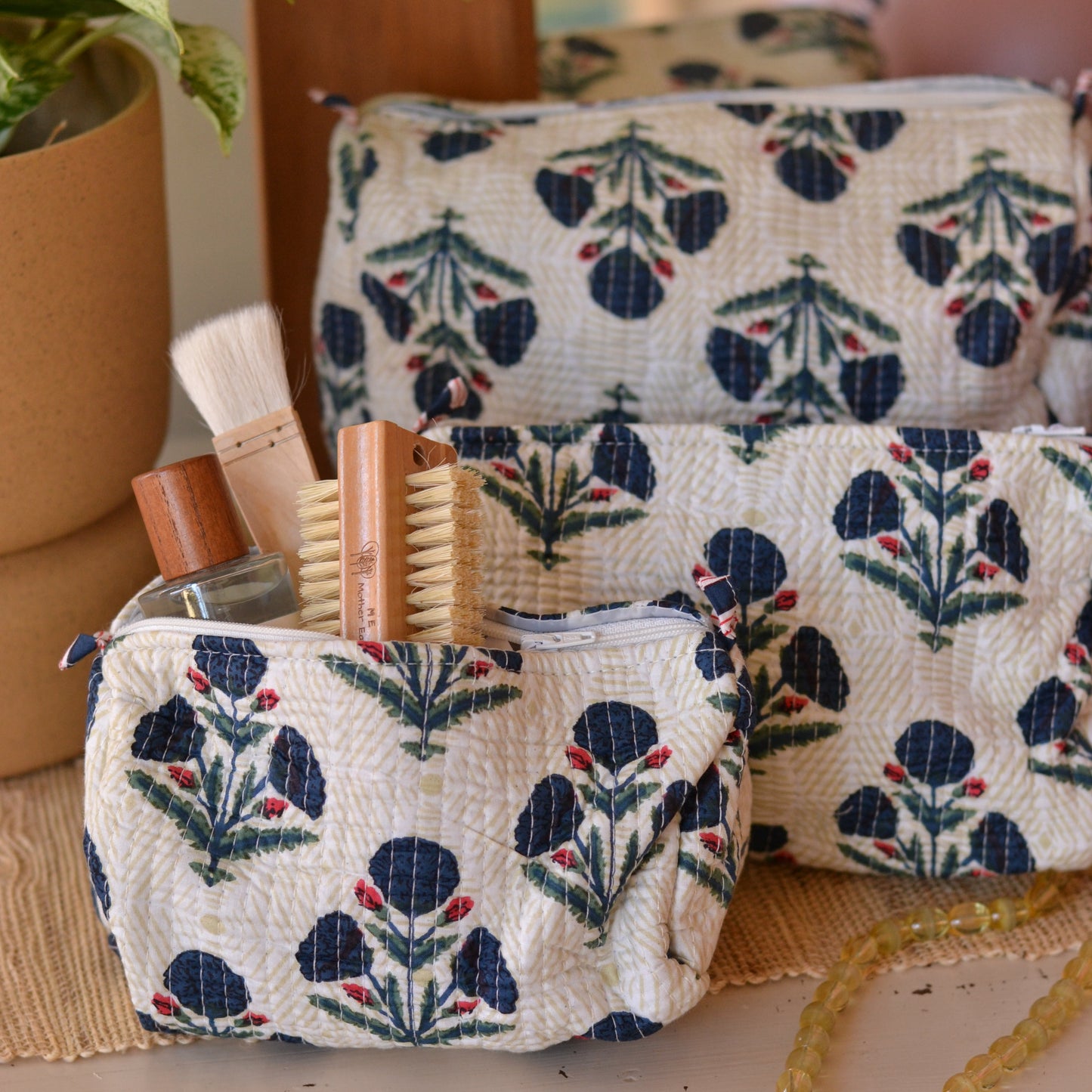 Gypsy Studio | Quilted Cotton Block Printed Cosmetic Bag, White with Blue Flowers