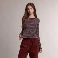 Striped Crew Neck Long Sleeved Top, Wine