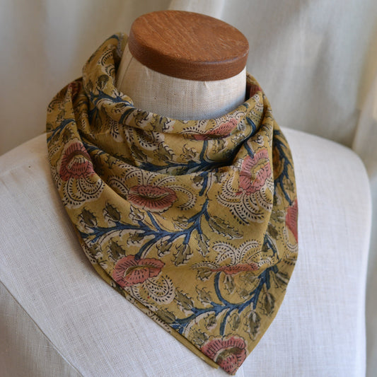 White Lotus Fashions |  Kalamkari Cotton Bandana-Pink Flowers with Blue Accents