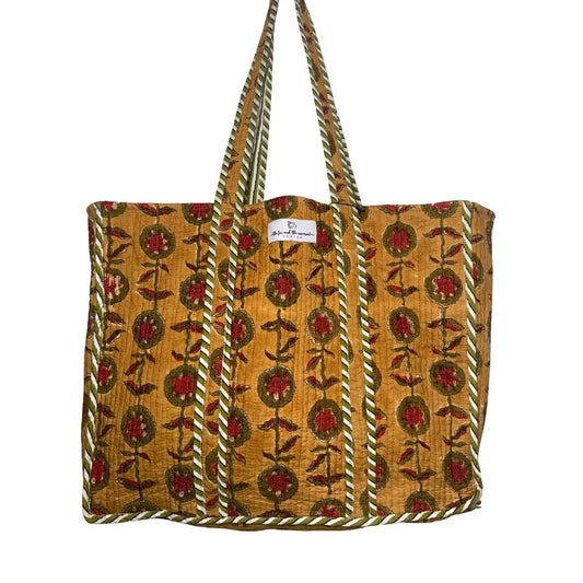 Gypsy Studio | Reversible Quilted Cotton Block Printed Tote Bag, Gold with Green Stripe